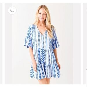 Greecing Dress Women Mediterranean Print Tiered Gauzy V-Neck 3/4 Sleeve Size M